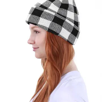 Buffalo Plaid Beanie - White & Black